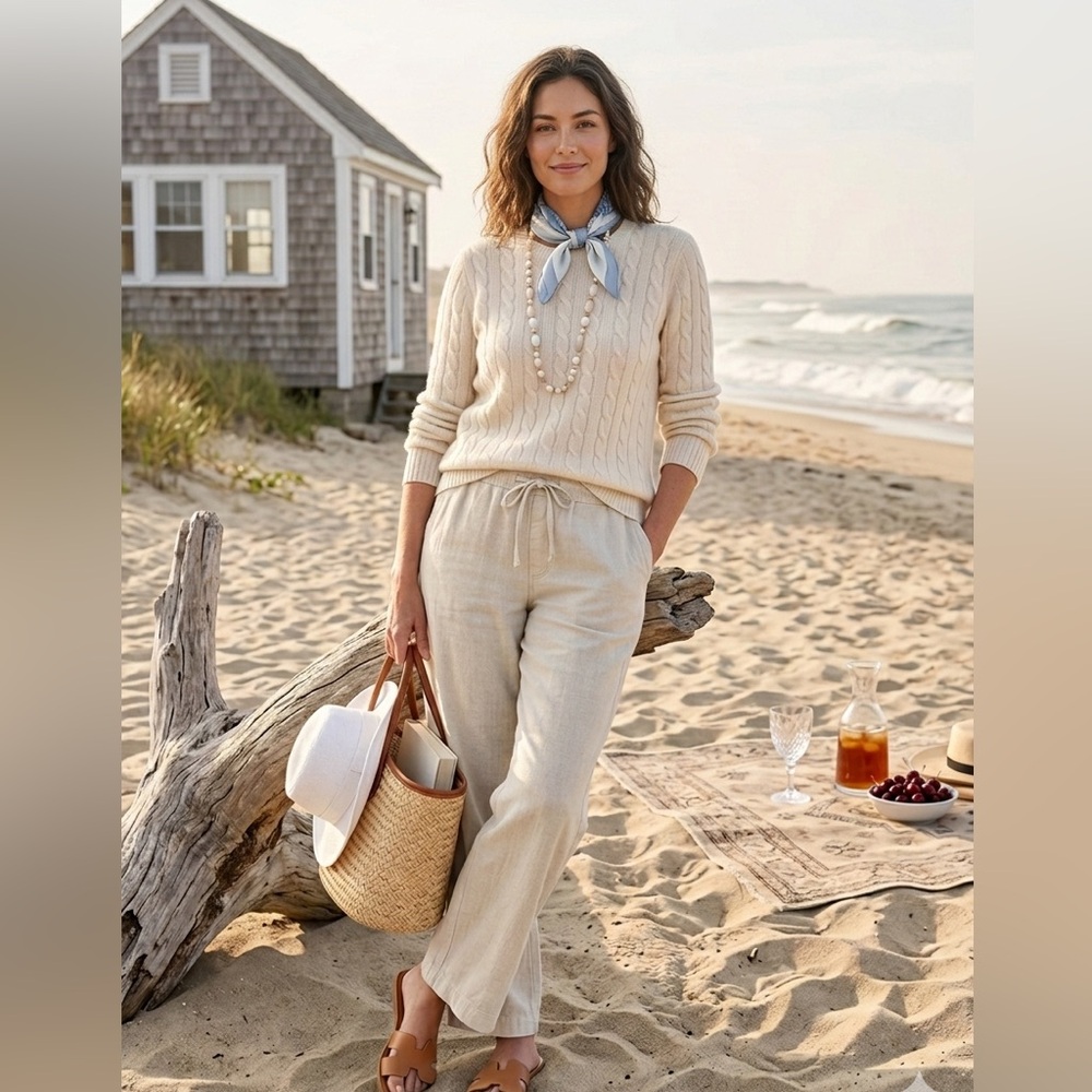 Two a.m. Cream Linen-Blend Wide Leg Drawstring Pants - Size Medium